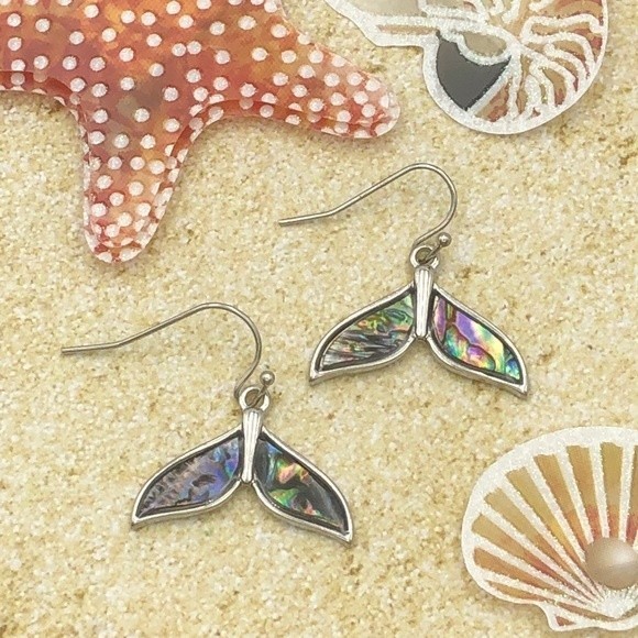 🌼 Whale Tail Fish Mermaid Tail Abalone Dangle Earrings - Picture 1 of 4